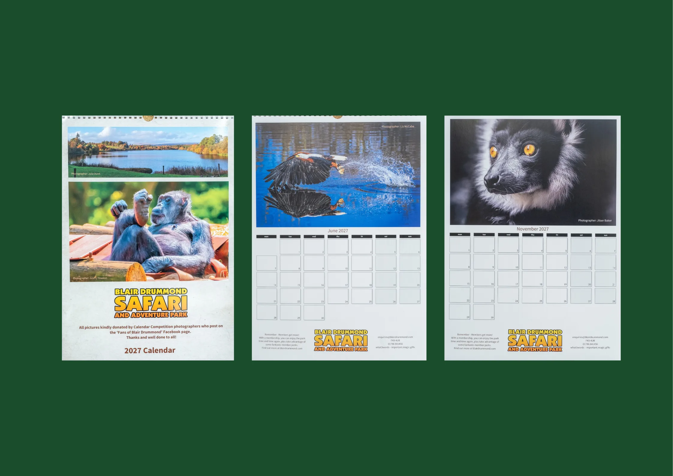 3 pages of the 2027 Blair Drummond Safari Park calendar laid out on a green background.